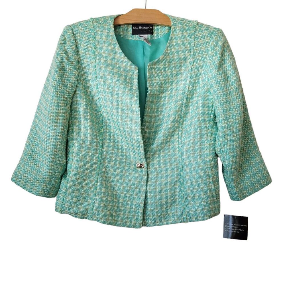 Sags Harbor Womens 10P Tweed Blazer 3/4  Sleeve Mint Green